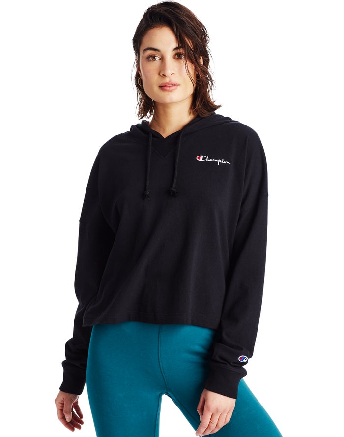 Champion Dame Hættetrøje Sort - Summer Sweats Oversized Embroidered Logo - Danmark DPF-139027